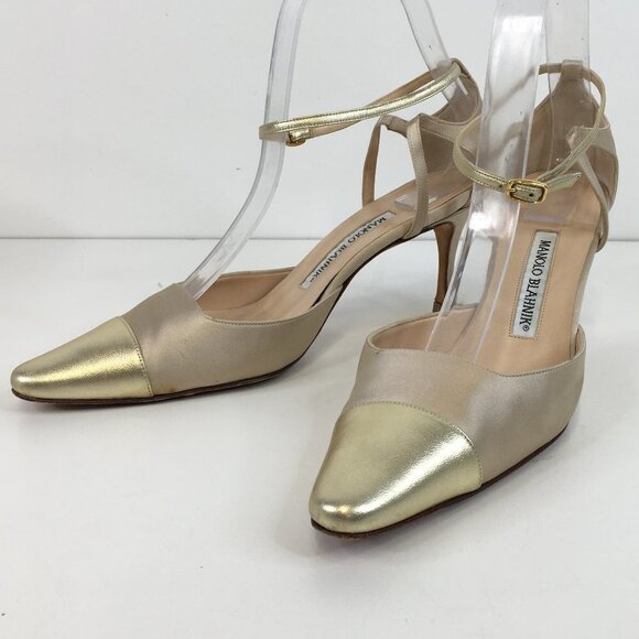 Manolo Blahnik Golden Cap Toe Ankle Strap Pumps Size 37.5 - Picture 3 of 15